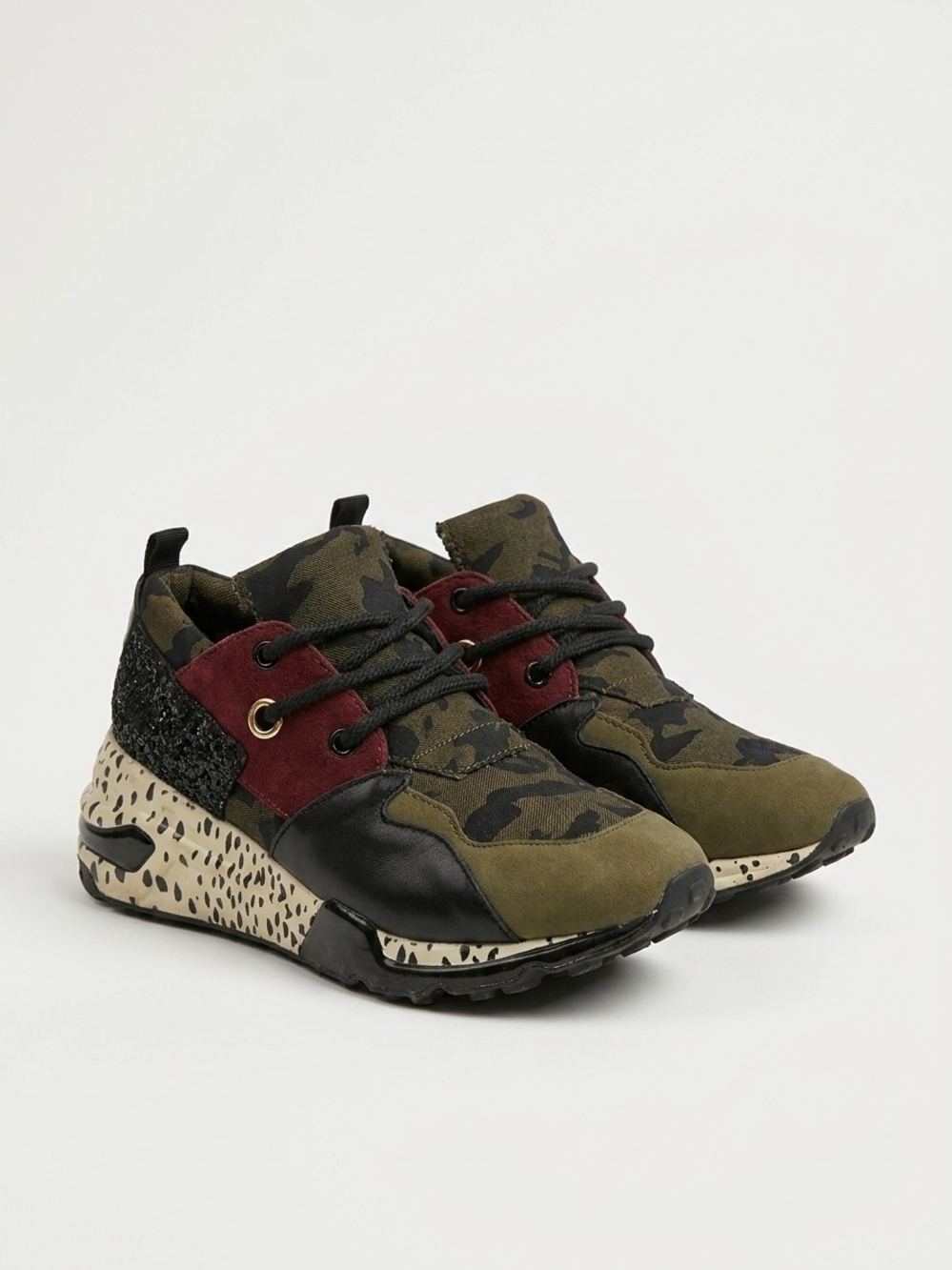 Steve Madden Olive Camo Platform Sneakers with Burgundy Accent
